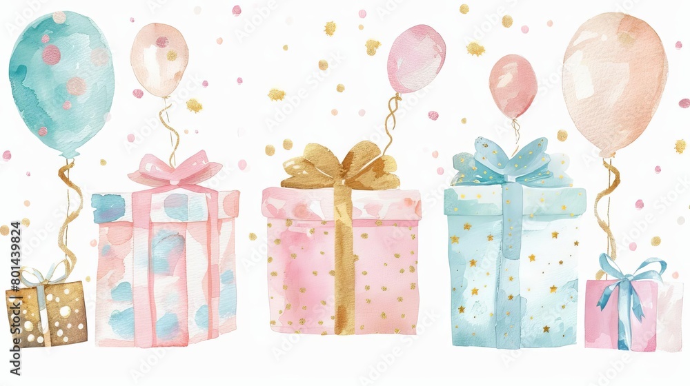 festive watercolor gift boxes with gold accents and birthday party elements pastel colors illustration