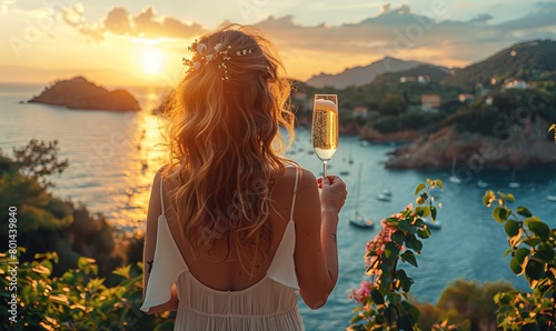 Woman standing in the evening sun drinking champagne with Italian landscape in the background. Elba Island, Italy photo