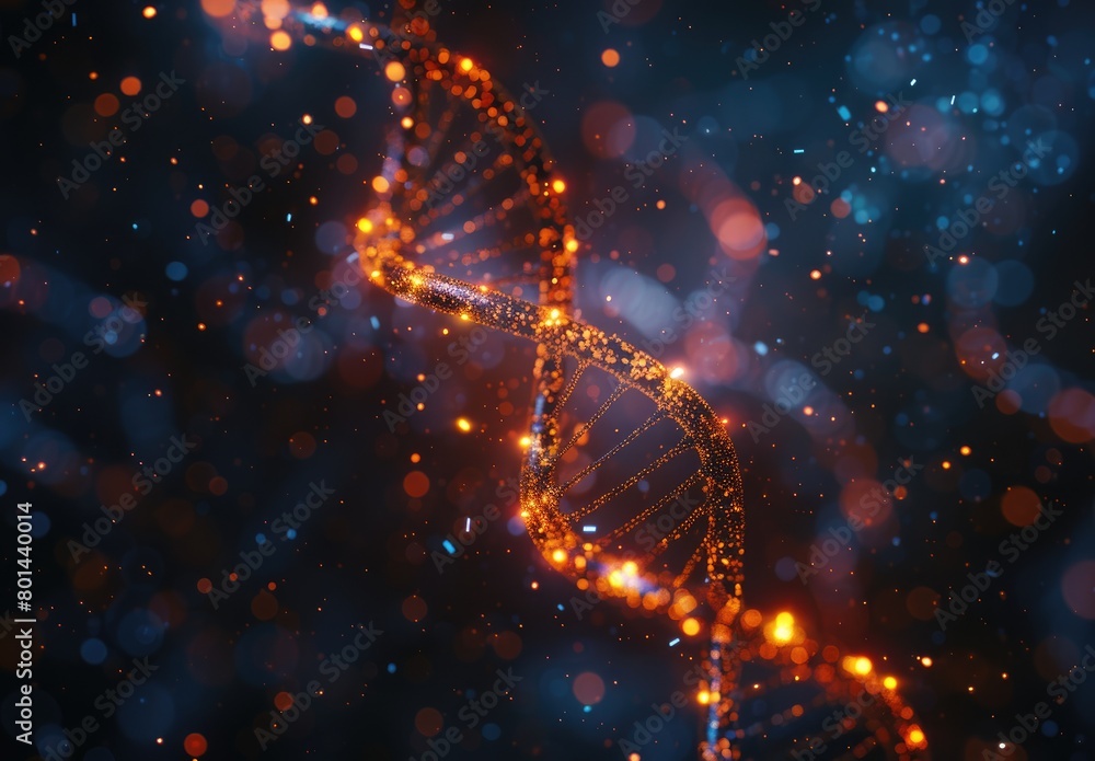A stunning digital image of a DNA strand illuminated by glowing orange sparks against a deep blue background, symbolizing genetic research. A stunning digital image of a DNA strand illuminated by glowing orange sparks against a deep blue background, symbolizing genetic research.
