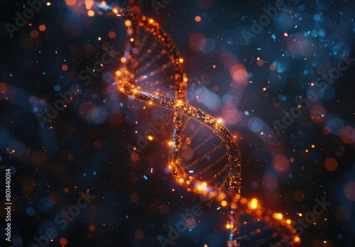 A stunning digital image of a DNA strand illuminated by glowing orange sparks against a deep blue background, symbolizing genetic research.