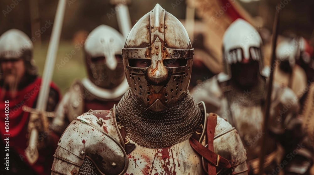 Reenactors dressed in medieval armor during a historical battle reenactment