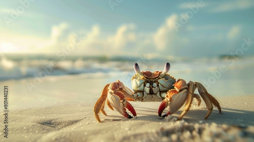 Illustrate the delightful sight of a crab taking a stroll on the sandy shores in a prompt