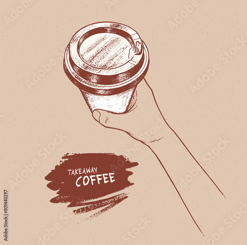 Vector hand drawn vintage sketchy top view illustration of hand holding disposable paper coffee takeaway cup with paint brush background banner © Sonya illustration