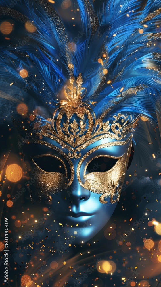 Realistic luxury carnival mask with blue feathers. Abstract blurred background, gold dust, and light effects. Realistic luxury carnival mask with blue feathers. Abstract blurred background, gold dust, and light effects.