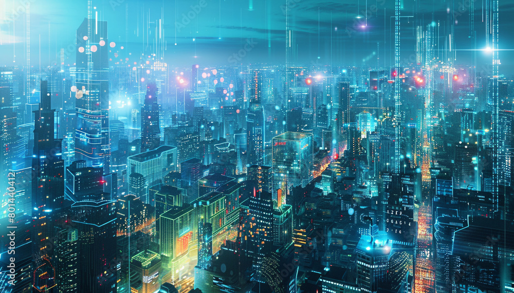 Futuristic digital cityscape with holographic buildings and data streams, portrayed in a 7:4 panoramic view.