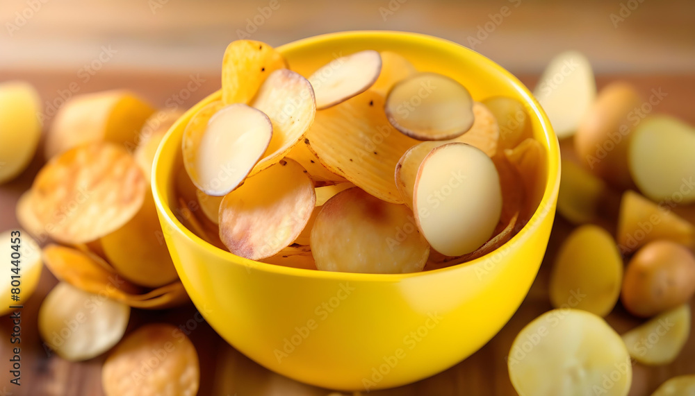 A cup filled with golden potato chips and a whole, unpeeled potato next to it A cup filled with golden potato chips and a whole, unpeeled potato next to it