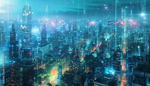 Futuristic digital cityscape with holographic buildings and data streams, portrayed in a 7:4 panoramic view.