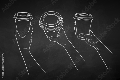Line art Chalkboard drawing vector illustration set of hands holding disposable paper coffee takeaway cup © Sonya illustration