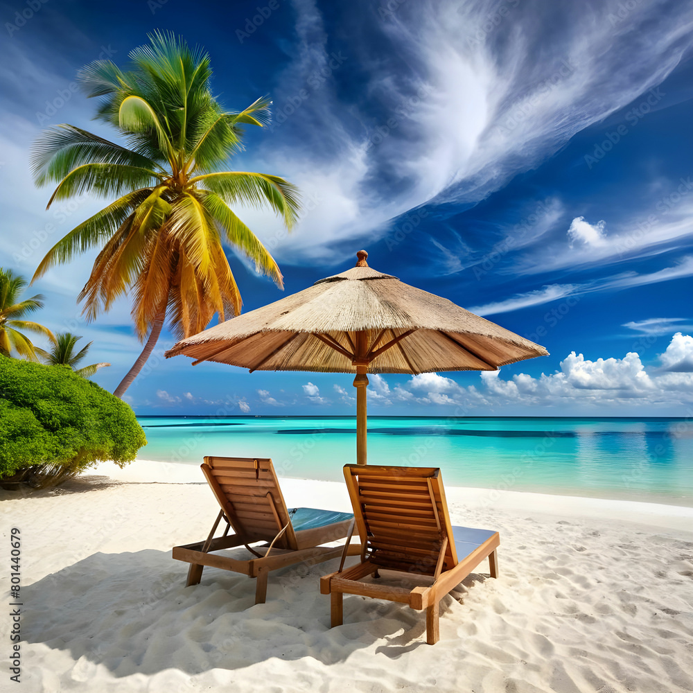 serene beach escape with chairs and umbrella