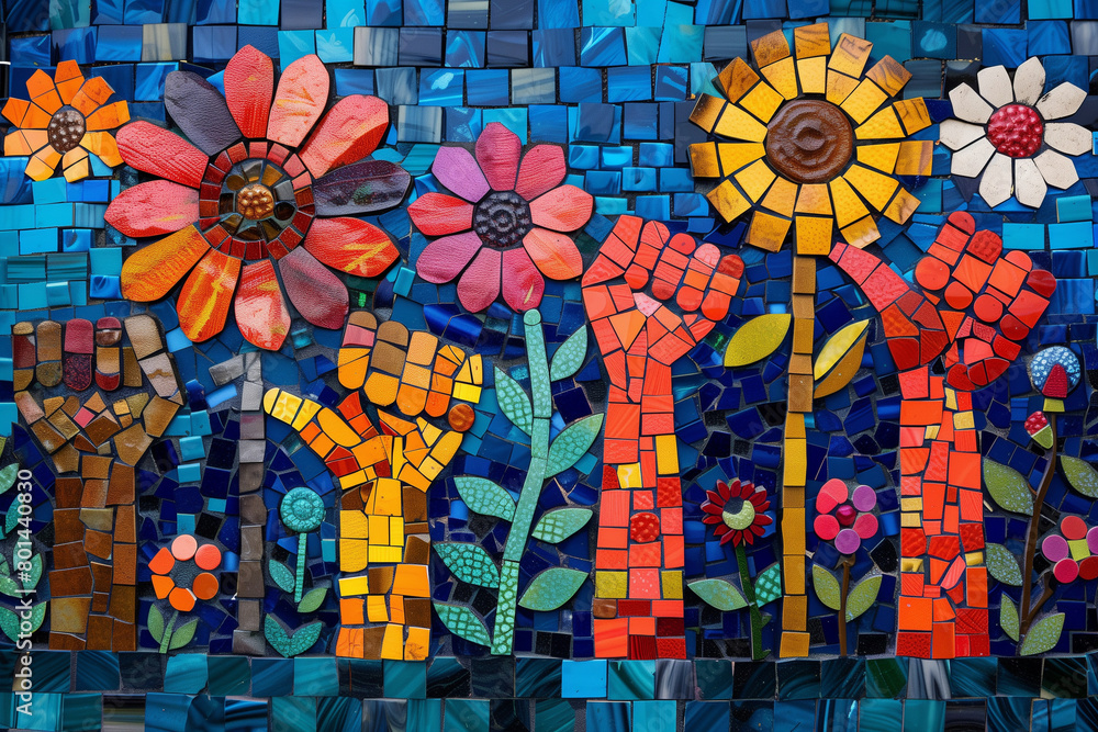 Mosaic Power. Solidarity Blooms for Workers' Rights.Abstract mosaic- Raised fists, gears & flowers symbolize worker empowerment.
