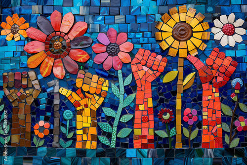 Mosaic Power. Solidarity Blooms for Workers  Rights.Abstract mosaic- Raised fists  gears   flowers symbolize worker empowerment.