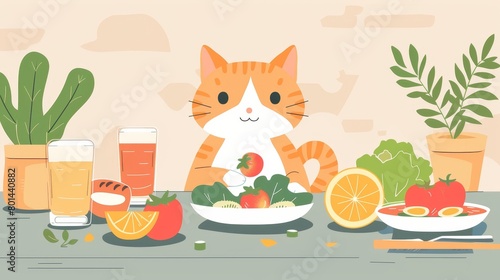 An illustration of an orange cat sitting at a table and eating a salad. There are also other fruits and vegetables on the table.