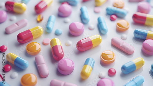 different Tablets pills capsule heap mix therapy drugs ,Antibiotic capsule pills on blue background. Prescription drugs ,Colorful capsule pills