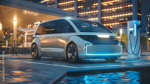 futuristic electric minivan parked at charging station in modern city selfdriving vehicle concept wide banner photo