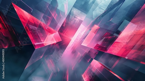 futuristic geometric shapes and neon lights in abstract 3d composition digital artwork