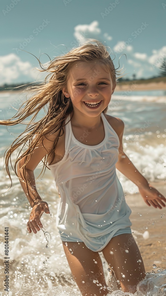 Naklejka premium Young girl running along the beach and happy in summer