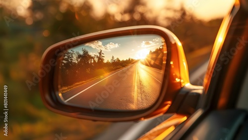 Sun reflecting in cars rearview mirror on side of road while traveling . Concept Travel Photography, Road Trips, Urban Exploration, Sun Flare, Car Interior Reflecting Sun photo