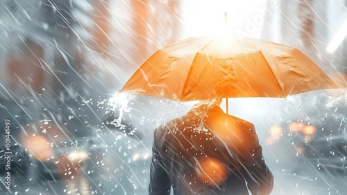 Navigating the Economic Crisis: Businessman Holds Broken Umbrella in Stormy Weather. Concept Economic Crisis, Business Resilience, Financial Challenges, Leadership Strategies, Adversity Response