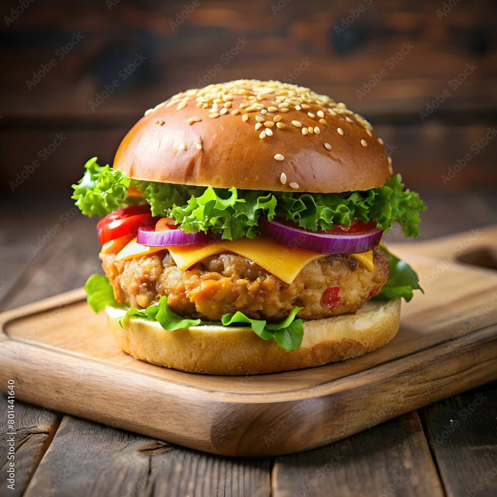 photo chicken burger on wooden board side view photo chicken burger on wooden board side view
