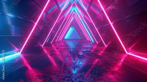 Fototapeta Naklejka Na Ścianę i Meble -  futuristic neon tunnel glowing geometric shapes in cyber void scifi 3d abstraction