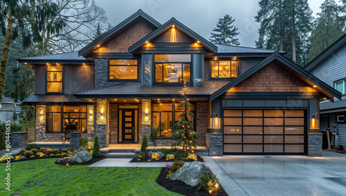 A stunning luxury home in the north Vancouver area, featuring dark wood accents and stone exterior with large windows, showcasing its beautiful landscaping with green grass, plants, and trees.  photo