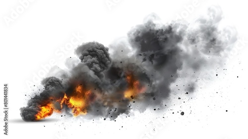 Explosive black smoke and fire on white background