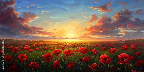 Breathtaking landscape of a poppy field at sunset with the sun dipping low on the horizon, casting a warm glow over the vibrant red flowers