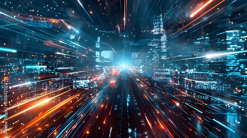 Close-up of global communication network, data transmission and cyber technology, information exchange. Wireless digital communication concept and the future of the Internet.