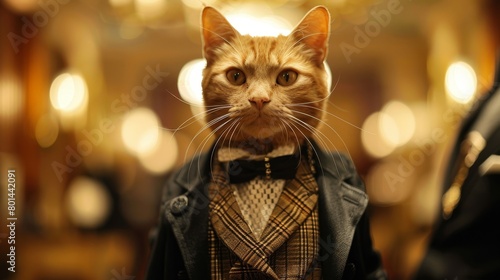 A cat is wearing a suit and tie, looking at the camera © OZTOCOOL