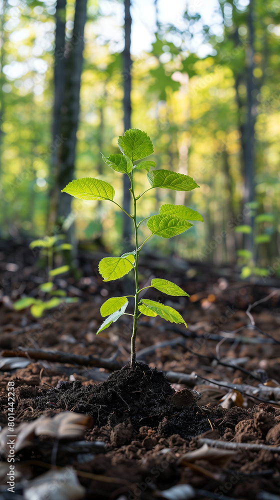 Young green sprout growing from soil in autumn forest. Ecology concept Young green sprout growing from soil in autumn forest. Ecology concept