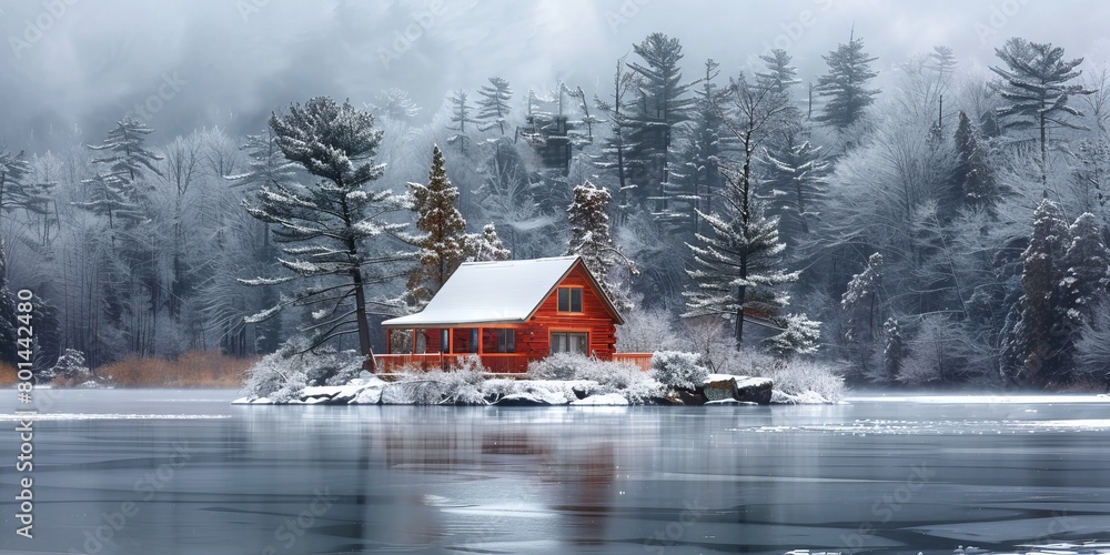 Cabin on an island on a frozen lake with trees and snowy pine forest in the background on a cloudy day