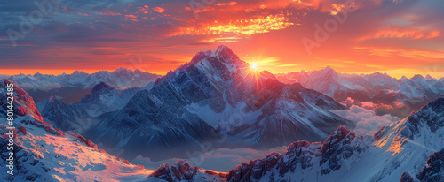 A breathtaking view of the snow-covered mountains under a vibrant sunset  creating an enchanting landscape that combines nature s beauty with dramatic lighting. Created with Ai