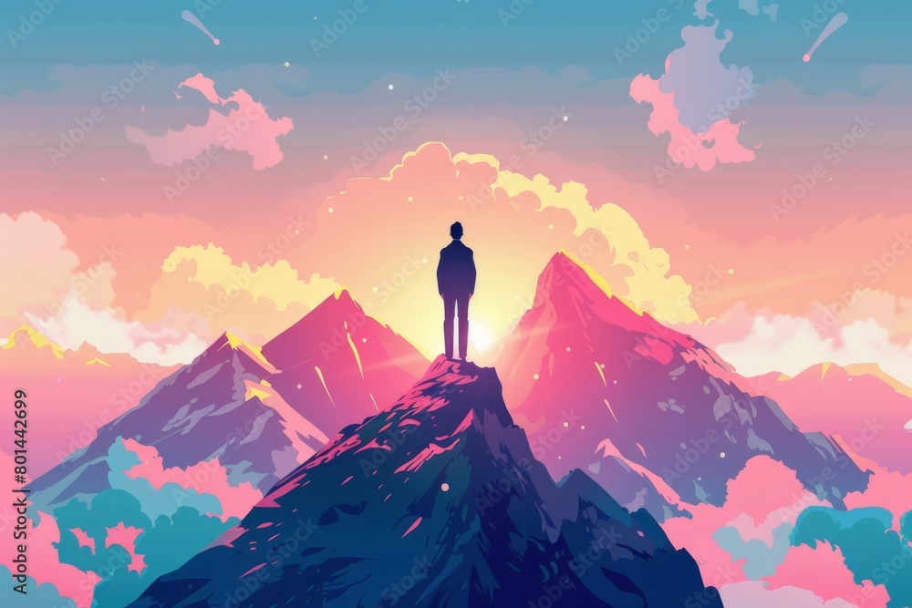 Fototapeta premium In an illustration style, a successful businessman stands triumphantly on the mountaintop, gazing at the expansive view ahead. This represents the concept of business success
