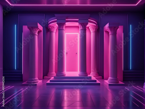  Ancient Greek-style pillars three podiums and a door on blue pink violet neon  ultraviolet light  night club empty room interior design  tunnel or corridor  glowing panels 