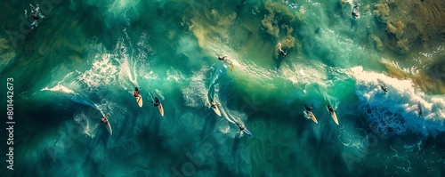 Aerial drone view of surfers catching waves at Trigg beach, Western Australia, Australia.