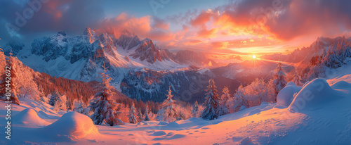  Snowy mountains surrounded by clouds, colorful sunset sky, sunrise, snowcapped peaks of the Alps. Created with Ai photo