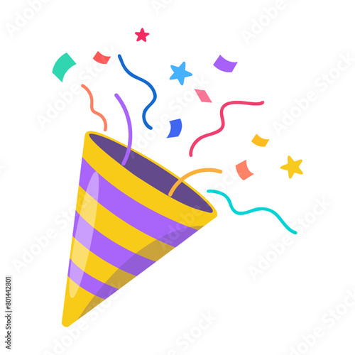 Confetti party popper icon, fireworks logo, cap, flat design. Vector illustration isolated on white background.