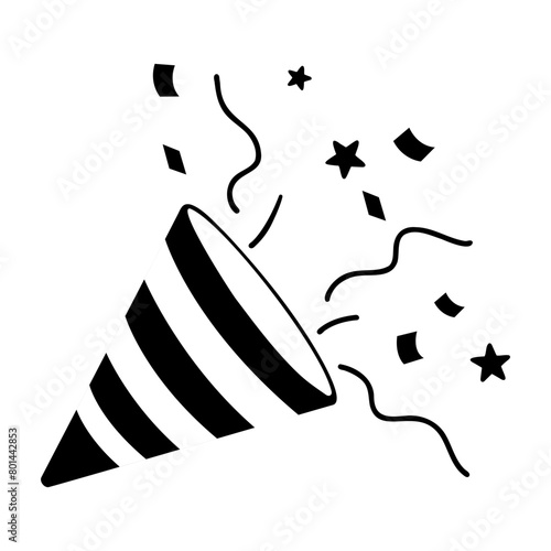 Confetti party popper icon, fireworks logo, cap, flat design. Vector illustration isolated on white background.