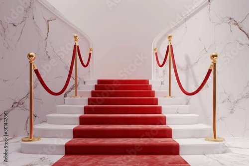 A presentation featuring a red carpet, stairway, and gold rope barrier, symbolizing success and triumph