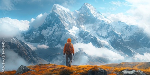 Lone hiker standing in front of a panorama in the mountains