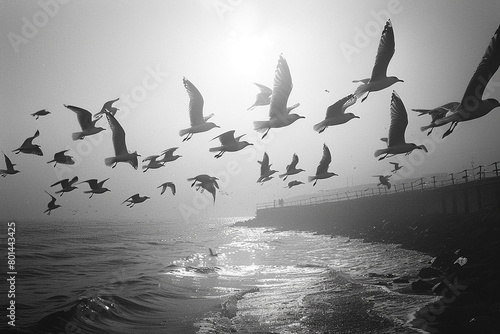 A flock of seagulls wheeling overhead, their plaintive cries echoing across the empty beach. photo