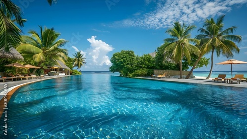 Luxurious Maldives resort with a stunning pool palm trees and peaceful ambiance . Concept Luxury Resorts  Maldives  Stunning Pool  Palm Trees  Peaceful Ambiance