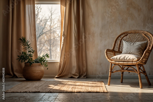 spacious and bright room with natural furniture and fabrics, decorated with wood, wicker and decorative elements of ceramics and dried flowers.