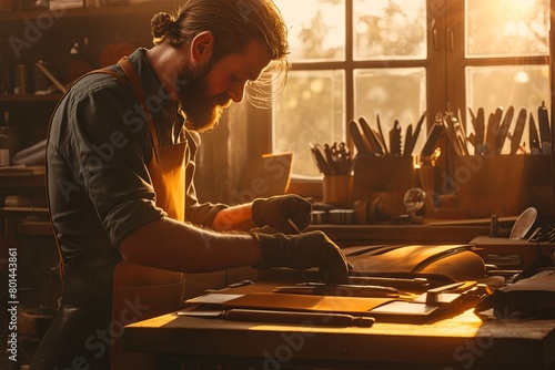Master tanner in his leather workshop working on a leather wallet