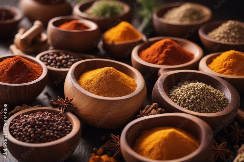'various kind spices wooden bowls spice variety aroma top up view ingredient food powder turmeric colourful pepper chili colours favor ginger handful yellow dry cooking cook curry dark dish different'
