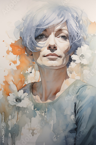Realistic Watercolor Portrait of Older Mid Age Mature Woman. Blue and Orange Ink on White Background. Mother's Day concept © PEPPERPOT