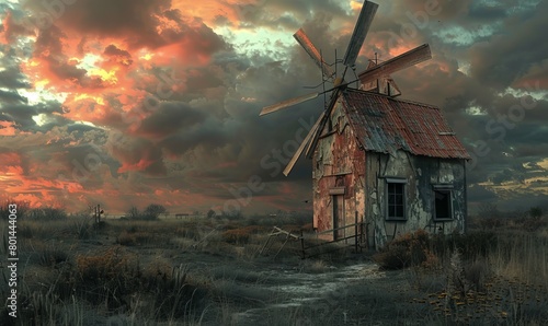 An abandoned old style wind mill in a ghost town