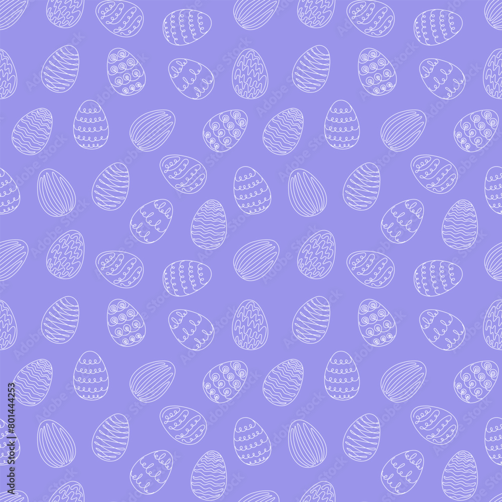 Seamless pattern of white Easter eggs with hand-drawn details. Continuous one line drawing. Isolated on purple backdrop. Festive design. For Easter decoration, wrapping paper, greeting, textile, print Seamless pattern of white Easter eggs with hand-drawn details. Continuous one line drawing. Isolated on purple backdrop. Festive design. For Easter decoration, wrapping paper, greeting, textile, print