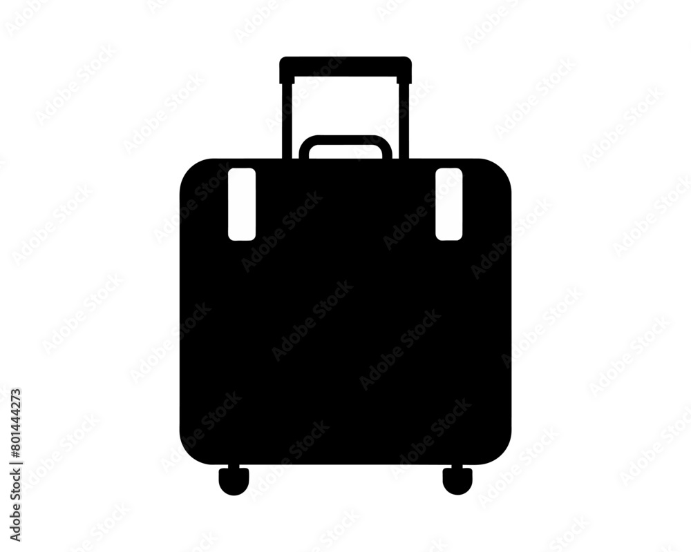 Black rolling suitcase silhouette isolated on white backdrop. Silhouette of a wheeled luggage bag. Concept of travel, tourism, vacation, business trips, and luggage portability. Graphic illustration Black rolling suitcase silhouette isolated on white backdrop. Silhouette of a wheeled luggage bag. Concept of travel, tourism, vacation, business trips, and luggage portability. Graphic illustration