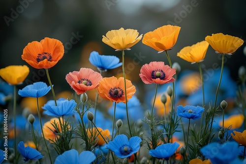 Vibrant orange, blue, and yellow poppies blooming in a meadow, AI-generated. © Wirestock